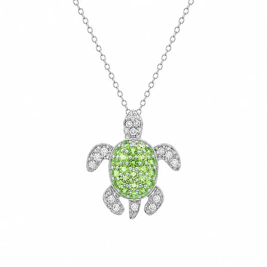 925 Sterling Silver Rhodium Plated Clear & Green CZ Turtle Pendant Necklace
