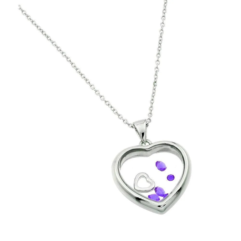 925 Sterling Silver Rhodium Plated Floating CZ Birthstone Heart Pendant