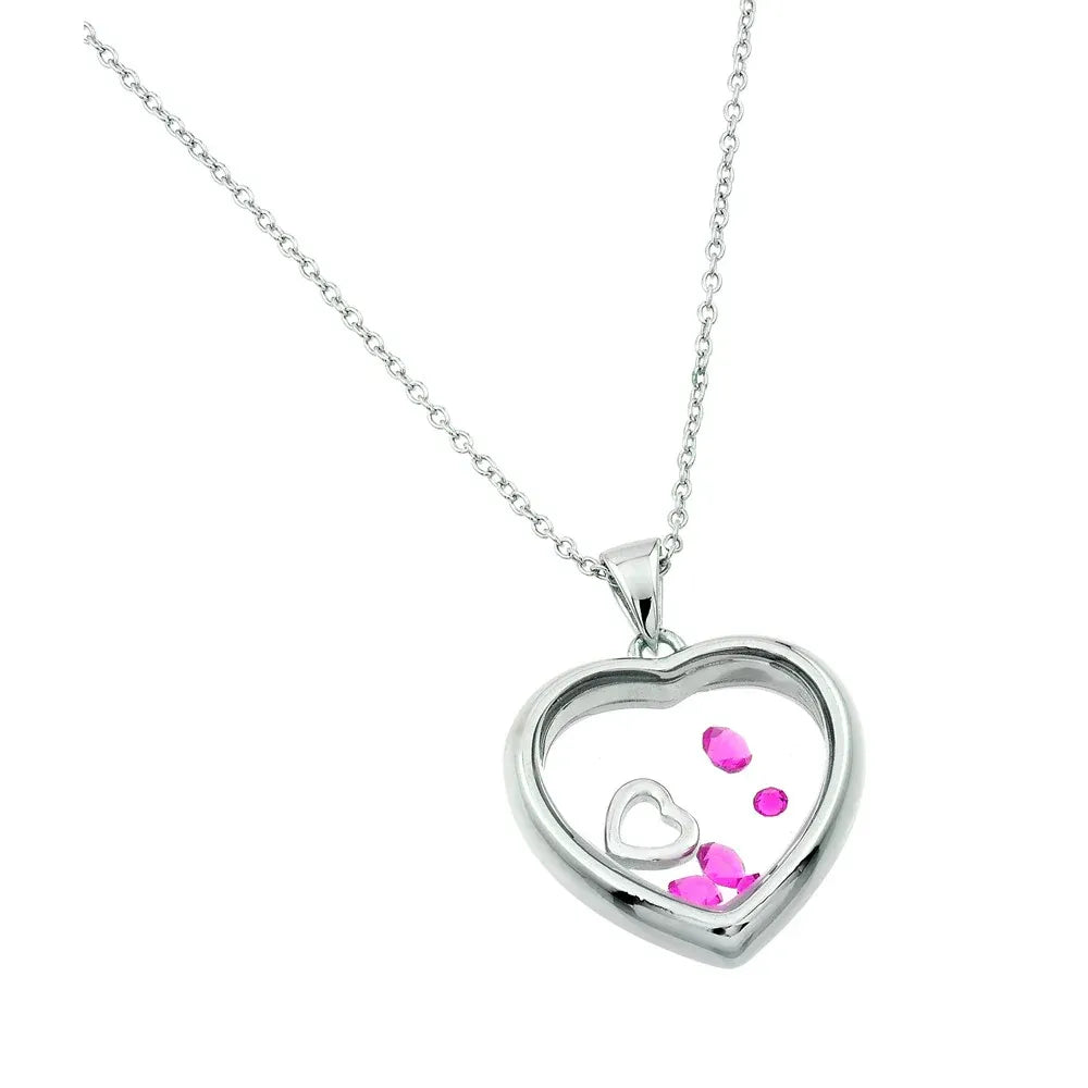925 Sterling Silver Rhodium Plated Floating CZ Birthstone Heart Pendant