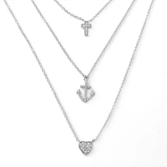 925 Sterling Silver Rhodium Plated Cross Anchor Heart Necklace