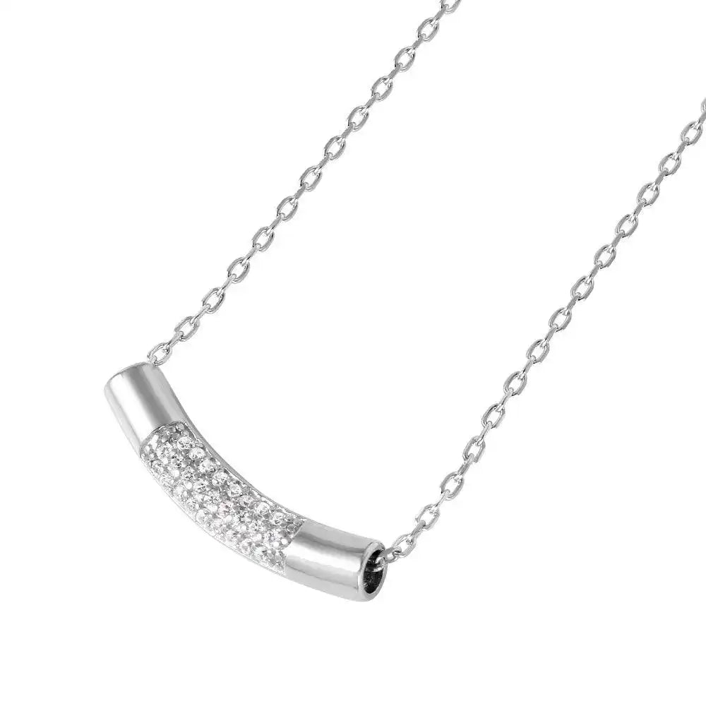 925 Sterling Silver Rhodium Plated Macaroni Micro Pave CZ Pendant Necklace