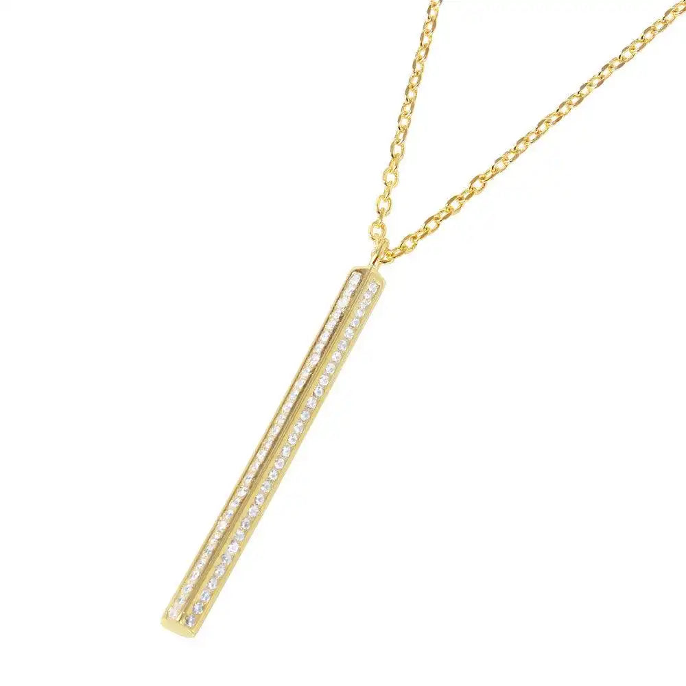 925 Sterling Silver Gold Plated Vertical Bar CZ Pendant Necklace