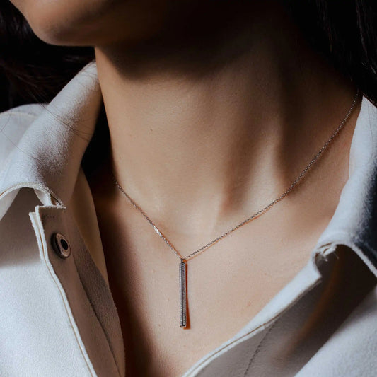 925 Sterling Silver Rhodium Plated Vertical Bar CZ Pendant Necklace