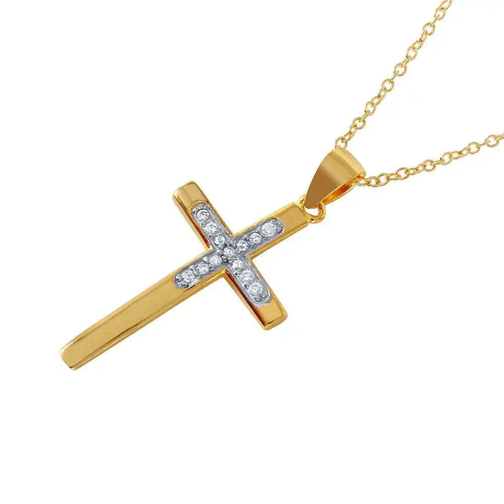 925 Sterling Silver Rhodium Plated CZ Inlay Gold Plated Cross Pendant Necklace