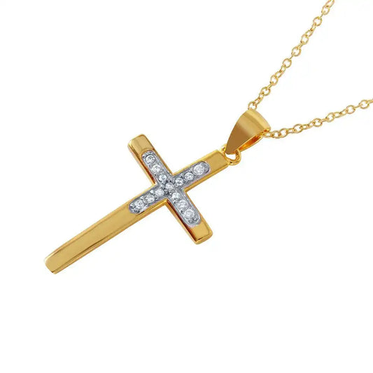 925 Sterling Silver Rhodium Plated CZ Inlay Gold Plated Cross Pendant Necklace