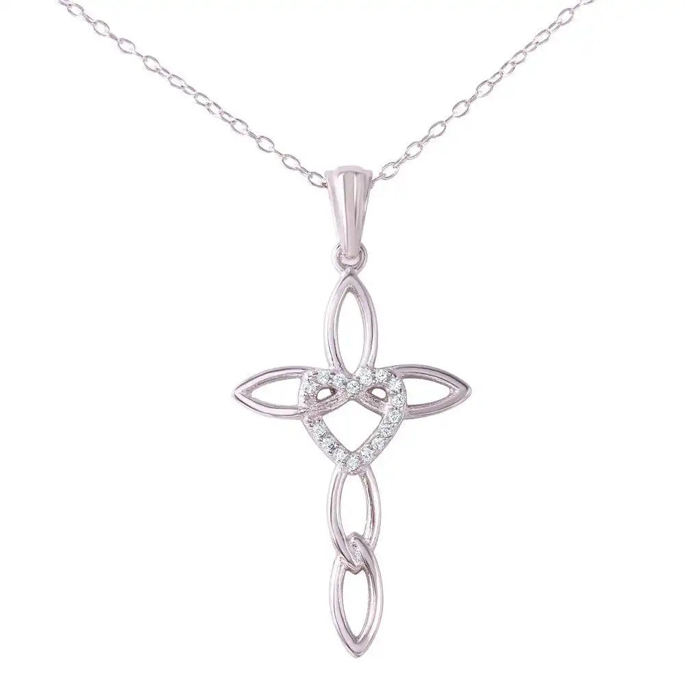 925 Sterling Silver Rhodium Plated CZ Rounded Heart and Cross Pendant Necklace