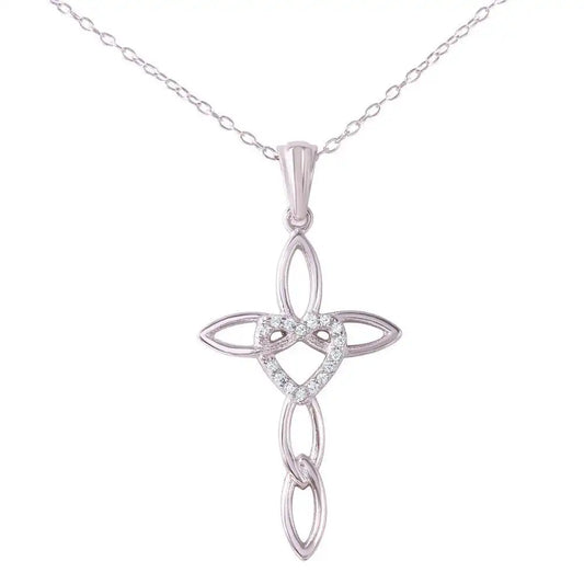 925 Sterling Silver Rhodium Plated CZ Rounded Heart and Cross Pendant Necklace