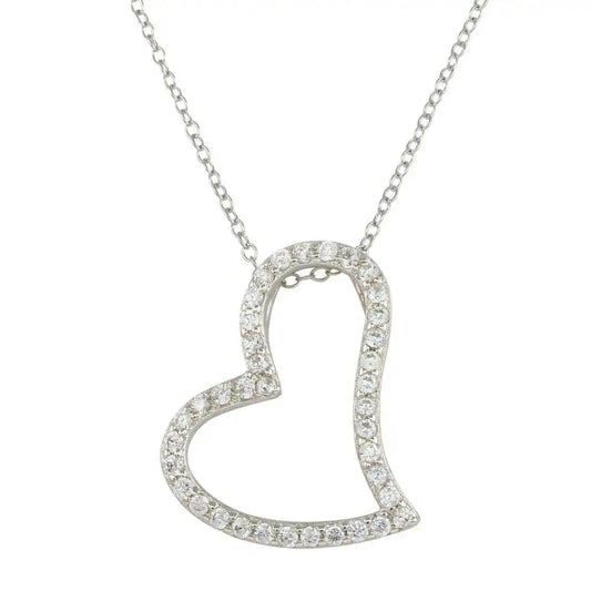 925 Sterling Silver Rhodium Plated Crooked Heart Necklace with CZ