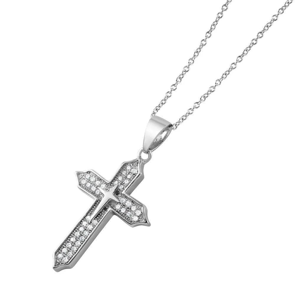 925 Sterling Silver Rhodium Plated Double Cross CZ Pendant Necklace