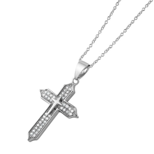 925 Sterling Silver Rhodium Plated Double Cross CZ Pendant Necklace