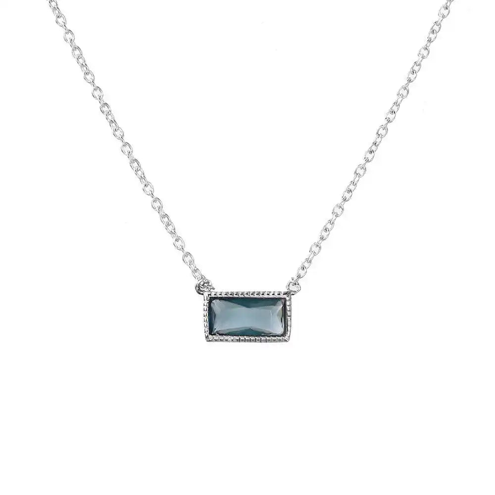 925 Sterling Silver Rhodium Plated Blue CZ Rectangle Necklace