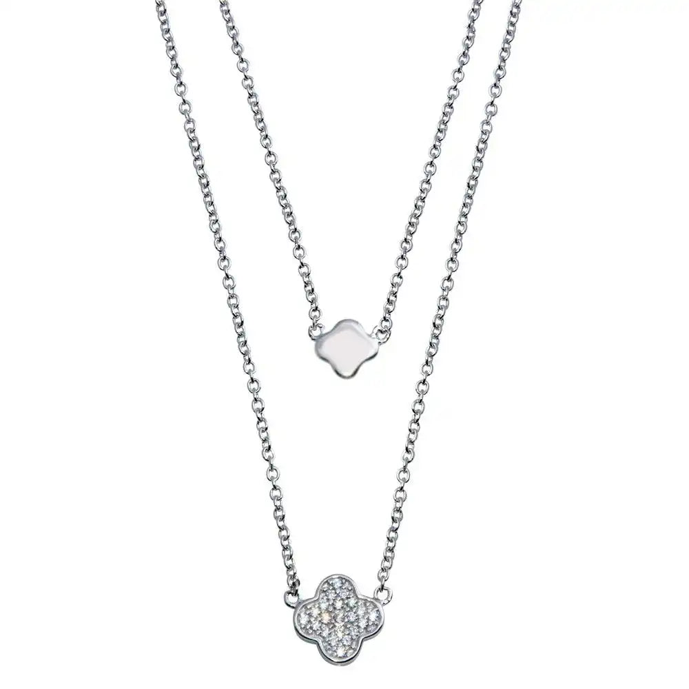 925 Sterling Silver Rhodium Plated Double Chain Clover Necklace with CZ
