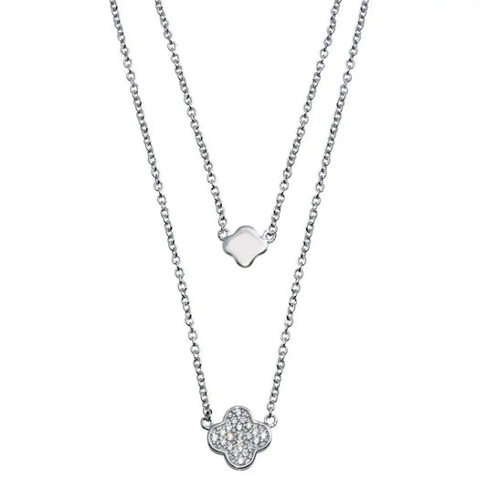 925 Sterling Silver Rhodium Plated Double Chain Clover Necklace with CZ
