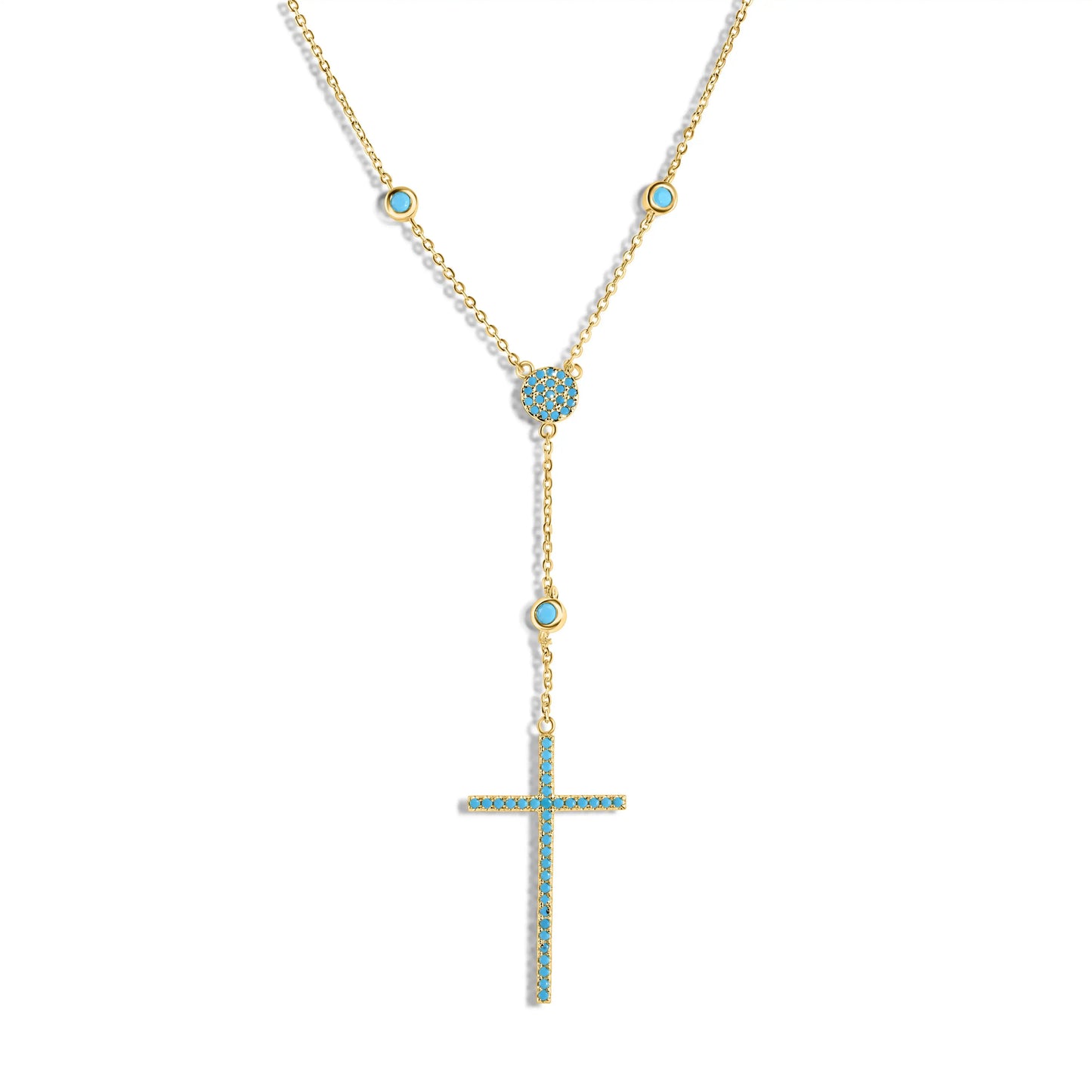 925 Sterling Silver Gold Plated Cross Necklace with Synthetic Turquoise Stones