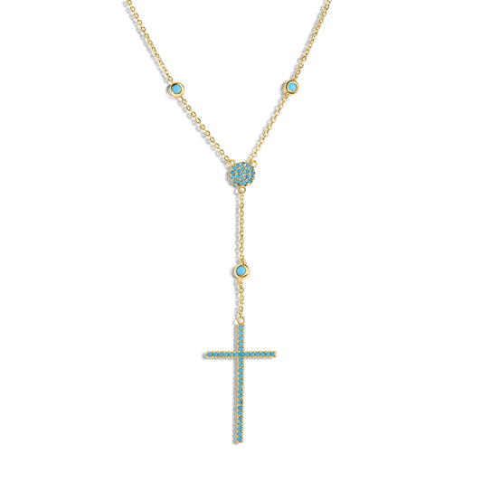925 Sterling Silver Gold Plated Cross Necklace with Synthetic Turquoise Stones