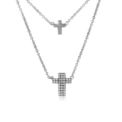 925 Sterling Silver Rhodium Plated Double Cross Necklace with CZ