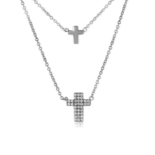925 Sterling Silver Rhodium Plated Double Cross Necklace with CZ