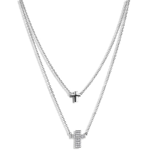 925 Sterling Silver Rhodium Plated Double Cross Necklace with CZ