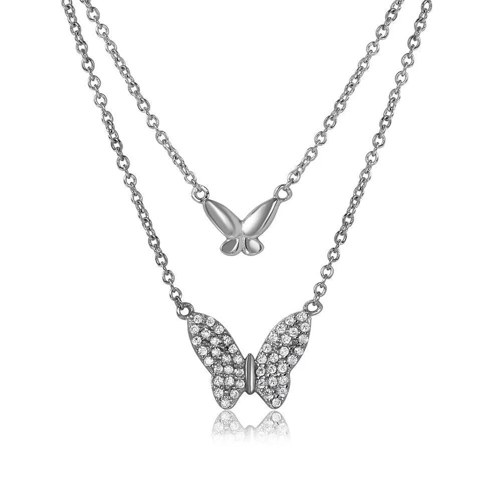 925 Sterling Silver Rhodium Plated Double Butterfly Necklace with CZ