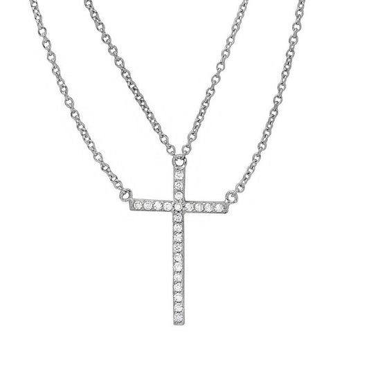 925 Sterling Silver Rhodium Plated Multi Chain CZ Cross Necklace