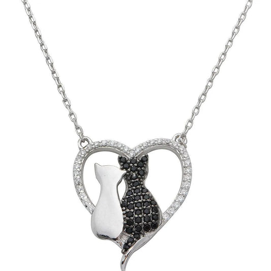925 Sterling Silver Rhodium Plated CZ Open Heart with 2 Cat Necklace