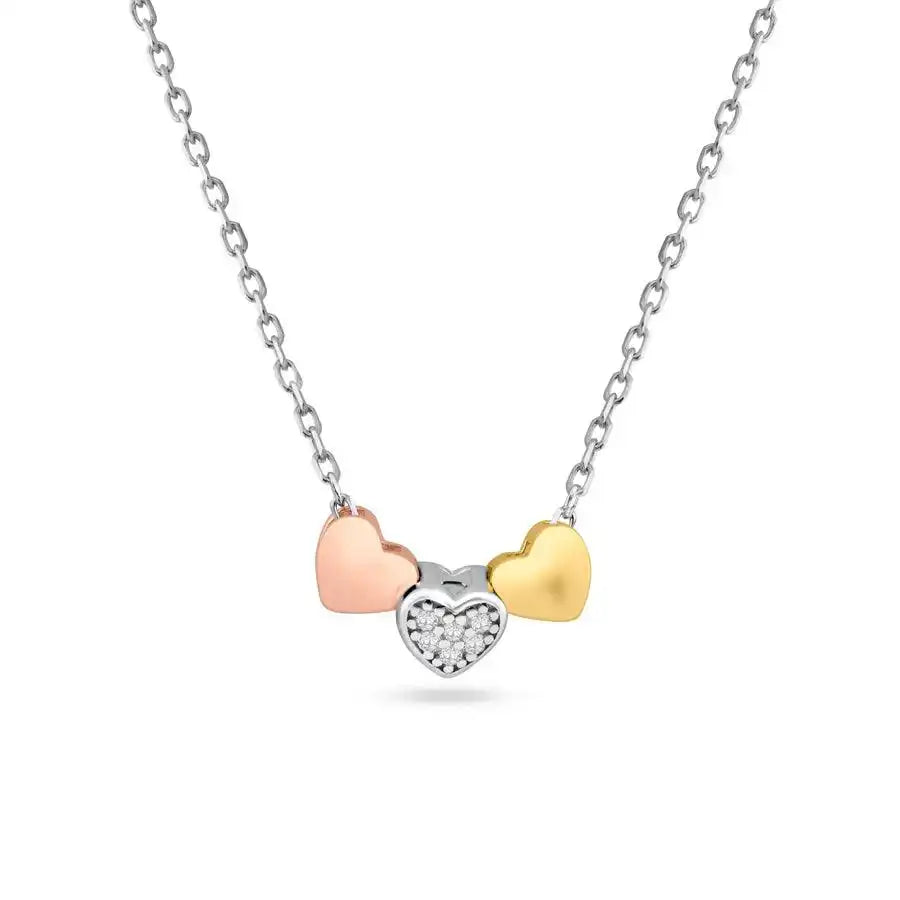 925 Sterling Silver Three-Tone Heart Charms Necklace