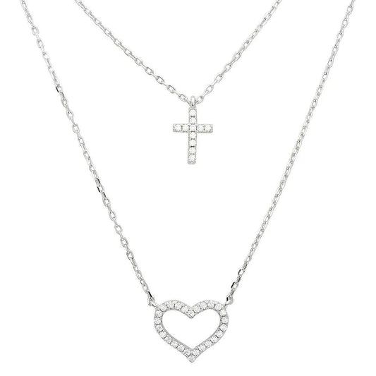 925 Sterling Silver Rhodium Plated Double Chain CZ Cross and CZ Open Heart Necklace