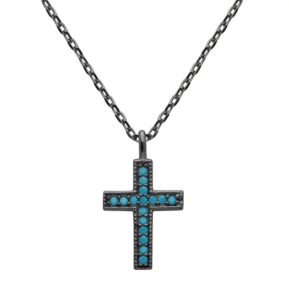 925 Sterling Silver Black Rhodium Plated Turquoise Stone Cross Necklace