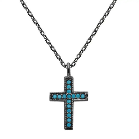 925 Sterling Silver Black Rhodium Plated Turquoise Stone Cross Necklace