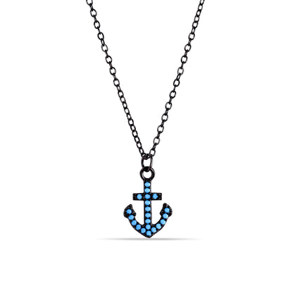 925 Sterling Silver Black Rhodium Plated Anchor Turquoise Stones Necklace