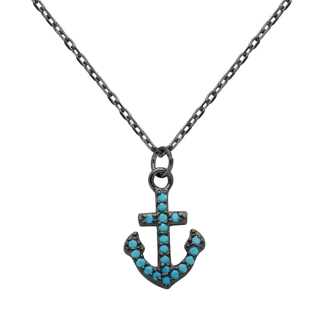 925 Sterling Silver Black Rhodium Plated Anchor Turquoise Stones Necklace