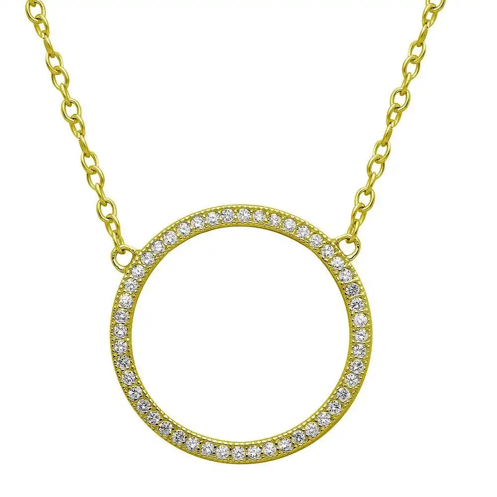 925 Sterling Silver Gold Plated Open Circle CZ Encrusted Necklace