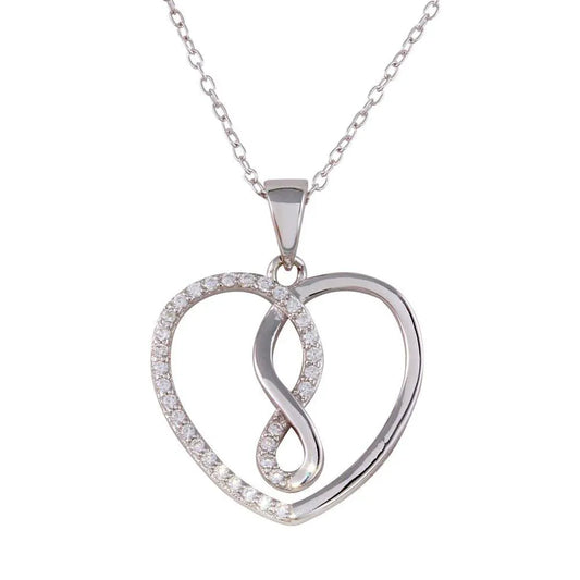 925 Sterling Silver Rhodium Plated Open Heart Infinity Pendant Necklace with CZ