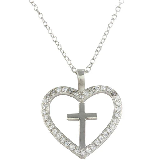 925 Sterling Silver Rhodium Plated Heart and Cross Necklace with CZ
