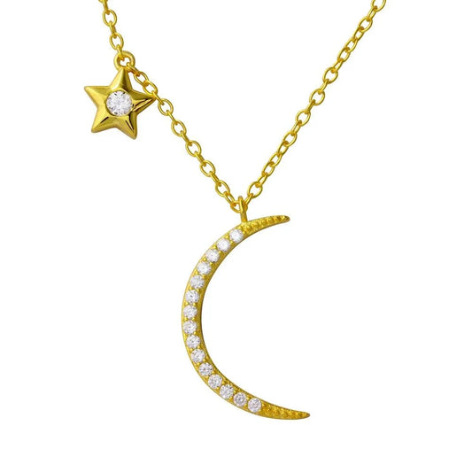 925 Sterling Silver Gold Plated CZ Star and Crescent Moon Necklace