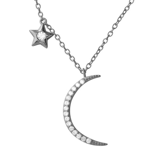 925 Sterling Silver Rhodium Plated CZ Star and Crecsent Moon Necklace