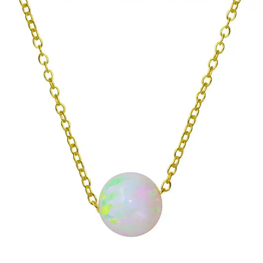 925 Sterling Silver Gold Plated White Round Synthetic Opal Necklace