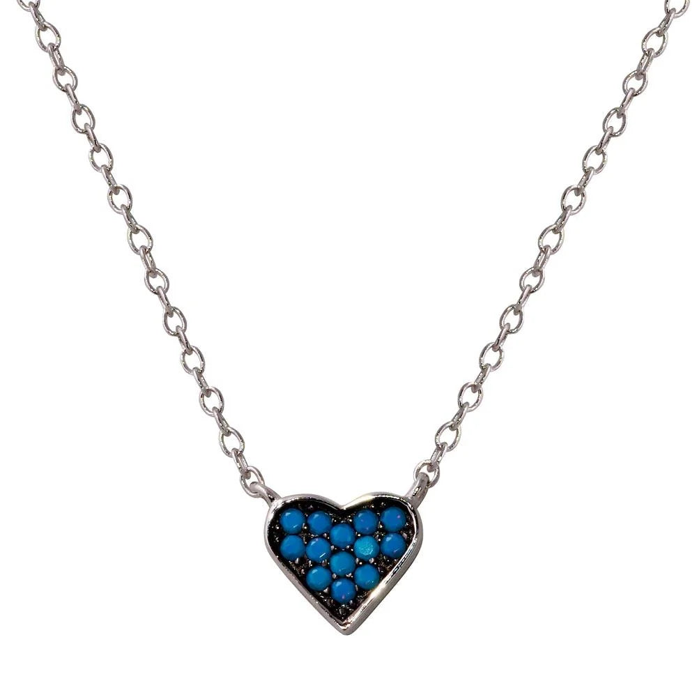 925 Sterling Silver Rhodium Plated Heart Necklace with Turquoise Beads