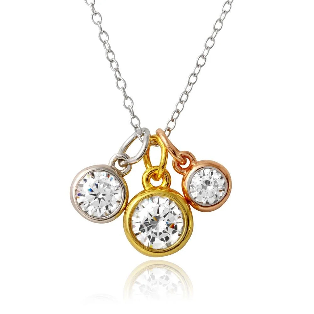 925 Sterling Silver Three-Tone Plated Three Round CZ Necklace