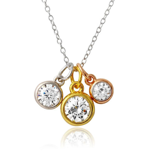 925 Sterling Silver Three-Tone Plated Three Round CZ Necklace