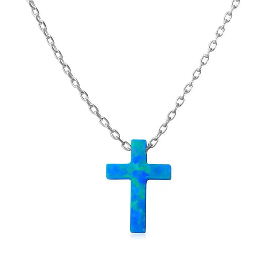 925 Sterling Silver Rhodium Plated Blue Synthetic Opal Cross Necklace