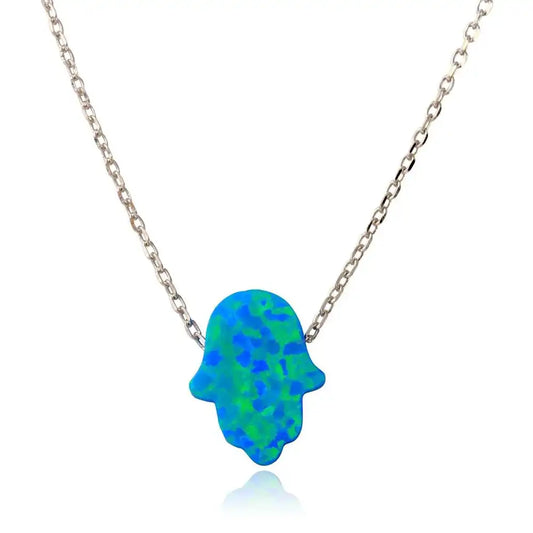 925 Sterling Silver Rhodium Plated Synthetic Blue Opal Hamsa Necklace