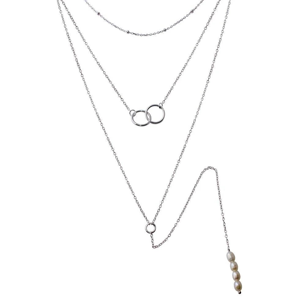 925 Sterling Silver Rhodium Plated Triple Strand Bead Interlocked Rings and Fresh Water Pearl Necklace