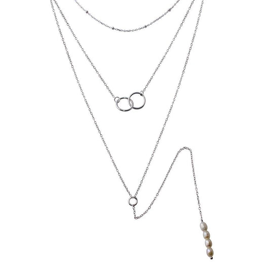 925 Sterling Silver Rhodium Plated Triple Strand Bead Interlocked Rings and Fresh Water Pearl Necklace