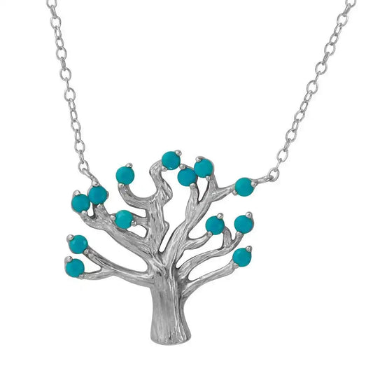 925 Sterling Silver Rhodium Plated Tree Necklace with Turquoise Beads