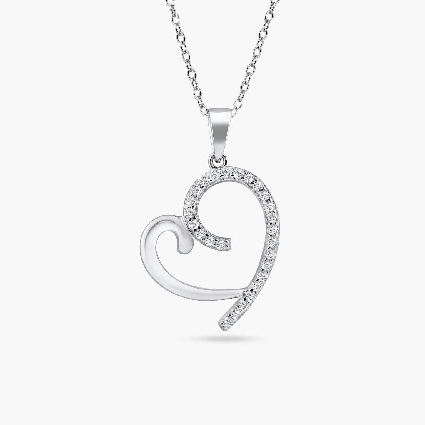 925 Sterling Silver Rhodium Plated Curved Open Heart CZ Necklace