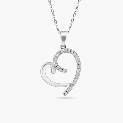 925 Sterling Silver Rhodium Plated Curved Open Heart CZ Necklace