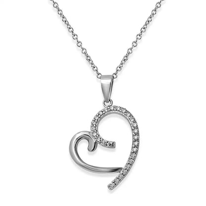 925 Sterling Silver Rhodium Plated Curved Open Heart CZ Necklace