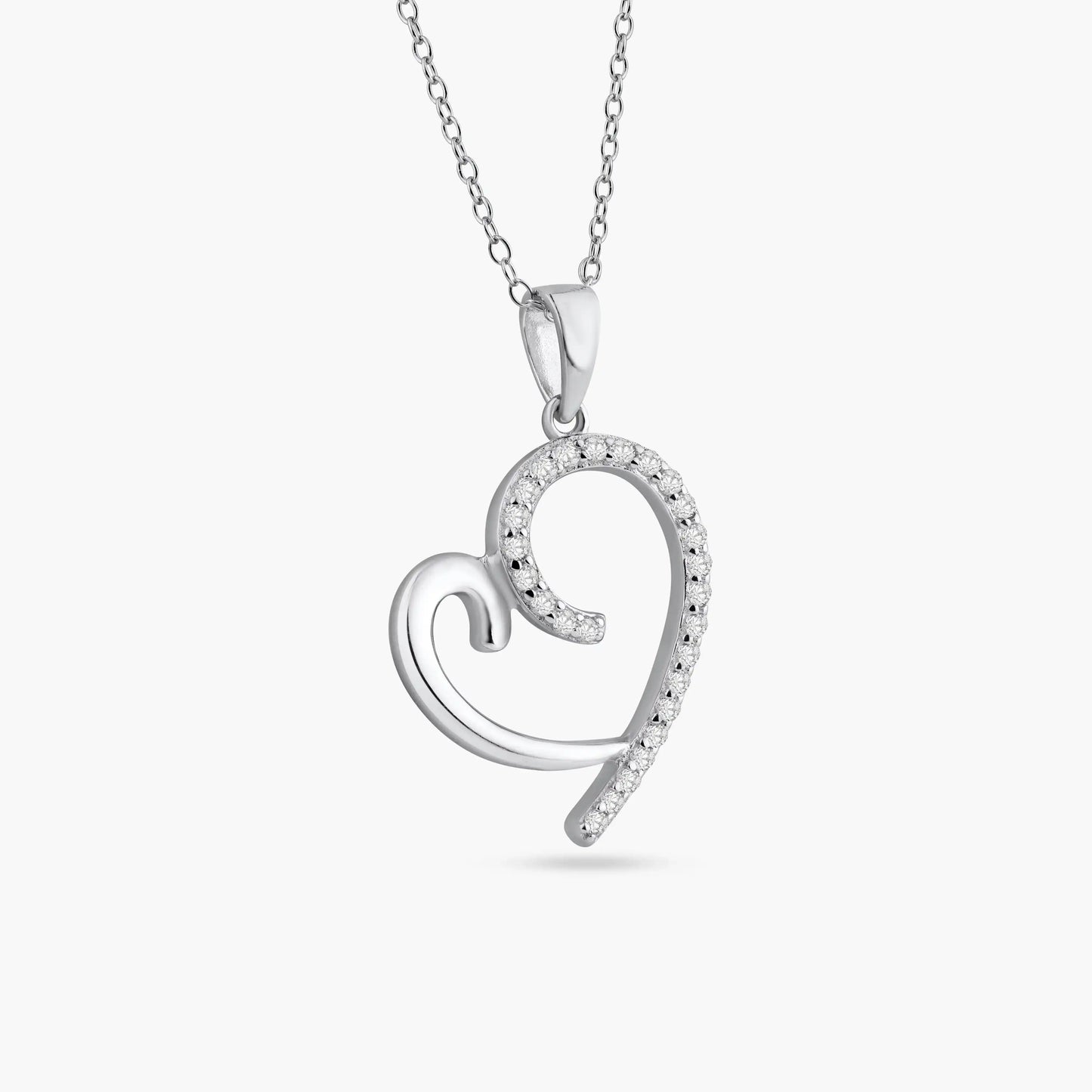 925 Sterling Silver Rhodium Plated Curved Open Heart CZ Necklace