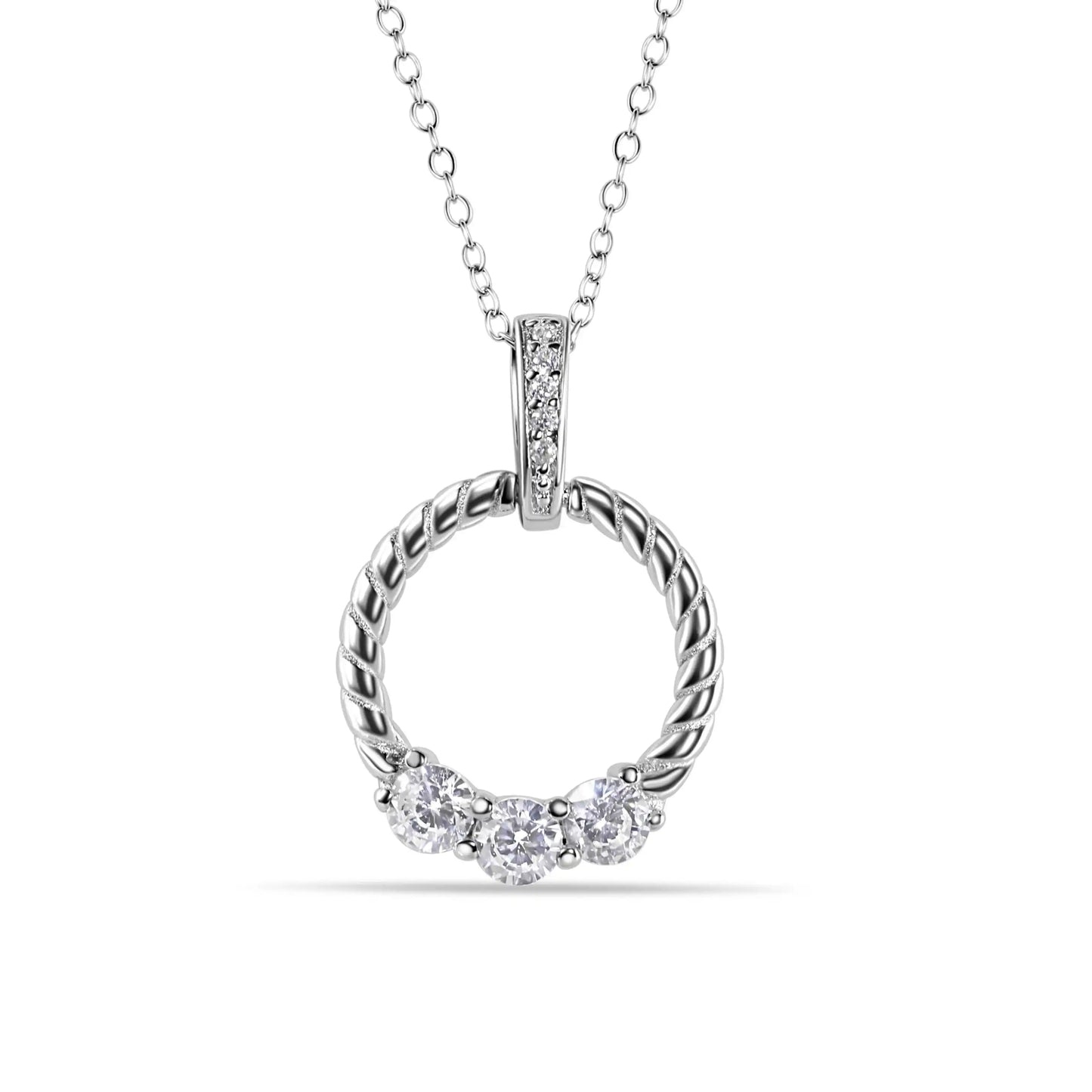 925 Sterling Silver Rhodium Plated Twisted Round Pendant with CZ